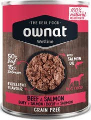 Ownat Nourriture humide sans céréales pour chien 50% bœuf et 15% saumon 400gr
