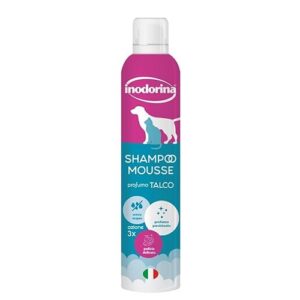 INODORINA Shampooing sec pour chiens, chats et chiots (300 ml, parfum talc) - Mousse à action émolliente et nettoyante - Respecte le pH naturel, idéal pour les lavages fréquents