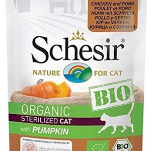 Schesir Bio pour Chat Adulte stérilisé avec Poulet Porc et Citrouille en enveloppe de 85 g