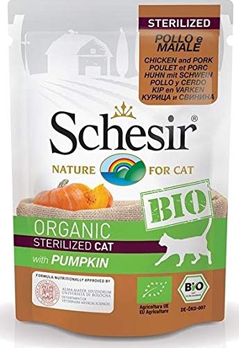 Schesir Bio pour Chat Adulte stérilisé avec Poulet Porc et Citrouille en enveloppe de 85 g
