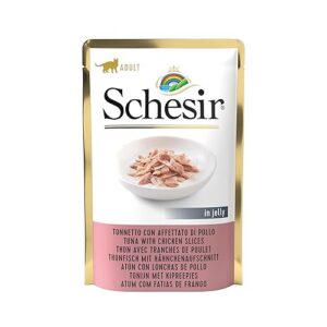 Schesir, Nourriture Humide pour Chats Adultes, saveur Bacoreta avec tranches de Poulet, Préparé en gelée Molle - Total 1,7 kg (20 x 85 GR)