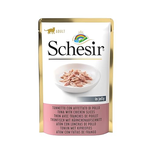 Schesir, Nourriture Humide pour Chats Adultes, saveur Bacoreta avec tranches de Poulet, Préparé en gelée Molle - Total 1,7 kg (20 x 85 GR)