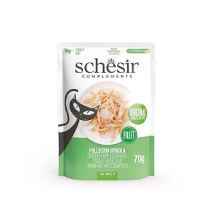 Schesir, Filets de Poulet avec Bar en gelée, Nourriture Humide complémentaire pour Chat, Recette Originale, 100% Naturelle, 12 enveloppes de 70 g