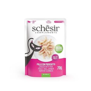 Schesir, Filets de Poulet au Jambon en gelée, Nourriture Humide complémentaire pour Chats, Recette Originale, 100% Naturelle, 12 enveloppes de 70 g