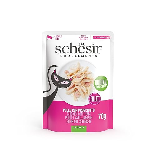 Schesir, Filets de Poulet au Jambon en gelée, Nourriture Humide complémentaire pour Chats, Recette Originale, 100% Naturelle, 12 enveloppes de 70 g
