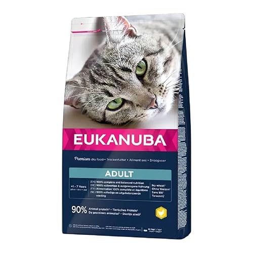 EUKANUBA - Croquettes Premium pour Chat Adulte - Alimentation 100% Complète et Equilibrée - Riche en Riz – Au Poulet Frais – Sans OGM, Sans Blé - Sac refermable – 10kg