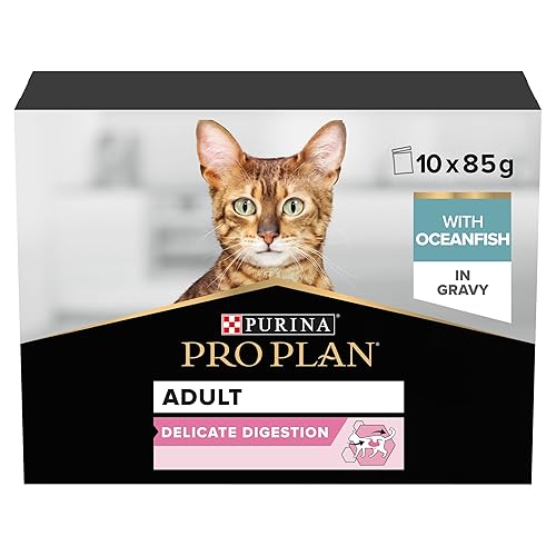 PURINA PRO PLAN | DELICATE DIGESTION | Aliment Complet pour Chat Adulte | Aide à favoriser un système digestif sain | Effilés en Sauce| Au Poisson| Portion Individuelle | Lot de 4 x (10x85g)