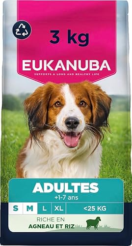 EUKANUBA Life Care Croquettes Chien Adulte Petite Moyenne Races 1à 7 ans, Riche en Agneau & Riz hautement digestible, L-carnitine, Oméga 3&6, FOS, MOS, Sans colorants, arômes artificiels ni OGM – 3 kg