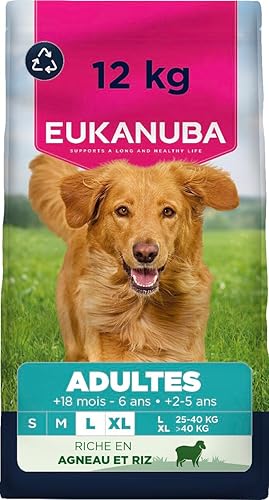 EUKANUBA Life Care Croquettes Chien Adulte Grande Race 18 mois à 6 ans Race Géante 2 à 5 ans, Riche en Agneau & Riz, L-carnitine, Oméga 3&6, FOS, MOS, Sans colorants, arômes artificiels ni OGM – 12 kg