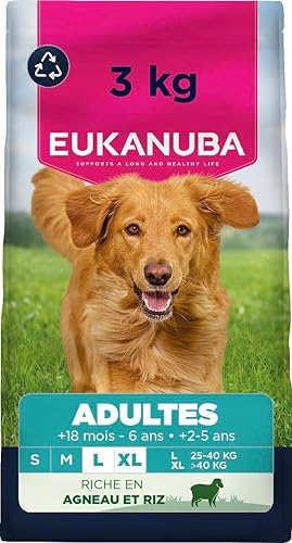 EUKANUBA Life Care Croquettes Chien Adulte Grande Race 18 Mois à 6 Ans Race Géante 2 à 5 Ans, Riche en Agneau & Riz, L-carnitine, Oméga 3&6, FOS, MOS, sans colorants, arômes artificiels ni OGM – 3 kg