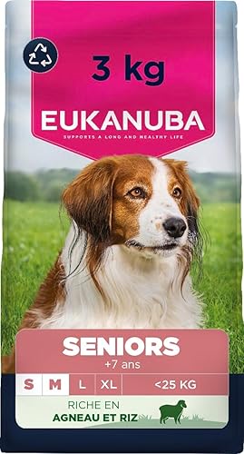 EUKANUBA Life Care Croquettes Chien Senior Petite Moyenne Races, Riche en Agneau & Riz, Glucosamine, Oméga 3&6, FOS, sans colorants, arômes artificiels ni OGM – 3 kg