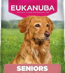 EUKANUBA Life Care Croquettes Chien Senior Grande Race 6 Ans et Plus, Race Géante 5 Ans et Plus, Riche en Agneau & Riz, Glucosamine, Oméga 3&6, FOS, sans colorants, arômes artificiels ni OGM – 12 kg