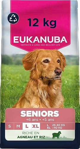 EUKANUBA Life Care Croquettes Chien Senior Grande Race 6 Ans et Plus, Race Géante 5 Ans et Plus, Riche en Agneau & Riz, Glucosamine, Oméga 3&6, FOS, sans colorants, arômes artificiels ni OGM – 12 kg