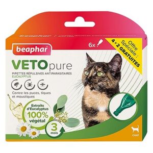 BEAPHAR – VETOPURE – Pipettes répulsives antiparasitaires pour Chat – Aux extraits d'Eucalyptus – Contre Les puces, tiques et moustiques – Protection 3 Mois – 6 pipettes