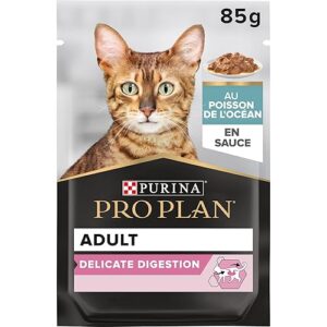 PURINA PRO PLAN | Adult DELICATE DIGESTION | Aliment Complet pour Chat Adulte | Aide à favoriser un système digestif sain | Effilés en Sauce| Au Poisson | Portion Individuelle | Lot de 26 x (10x85g)