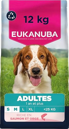 EUKANUBA Life Care Croquettes Chien Adulte Petite et Moyenne Races 1 Ans +, Riche en Saumon & Orge, L-Carnitine, Oméga 3&6, prébiotiques, sans colorants, arômes artificiels ni OGM – 12kg