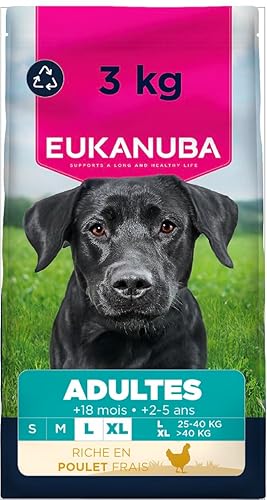 EUKANUBA Life Care Croquettes Chien Adulte Grande Race 18 Mois à 6 Ans, Race Géante 2 à 5 Ans, Riche en Poulet Frais, L-Carnitine, Oméga 3&6, FOS, sans colorants, arômes artificiels ni OGM – 3 kg