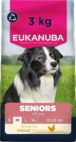 EUKANUBA Life Care Croquettes Chien Senior Race Moyenne 10 Ans et Plus, Riche en Poulet Frais, Glucosamine, chondroïtine, L-carnitine, prébiotiques, sans colorants, arômes artificiels ni OGM - 3 kg