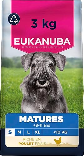 EUKANUBA Life Care Croquettes Chien Mature Petite Race 8 à 11 Ans, Riche en Poulet Frais, os et articulations sains, Oméga 3&6, prébiotiques, sans colorants, arômes artificiels ni OGM - 3 kg