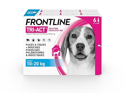 FRONTLINE Tri-Act Chien - Anti Puces, Tiques, Moustiques, Phlébotomes & Mouches piqueuses - Pour Chien Moyen 10 à 20 kg - Fabriqué En France - 6 Pipettes Pipettes Spot-On