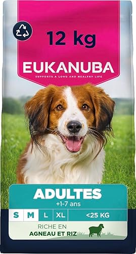 EUKANUBA Life Care Croquettes Chien Adulte Petite Moyenne Races 1à7 ans, Riche en Agneau & Riz hautement digestible, L-carnitine, Oméga 3&6, FOS, MOS, Sans colorants, arômes artificiels ni OGM – 12 kg