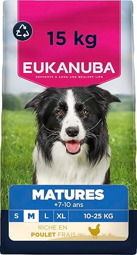EUKANUBA Life Care Croquettes Chien Mature Moyenne Race 7 à 10 Ans, Riche en Poulet Frais, L-carnitine, Calcium, Glucosamine, Oméga 3&6, Prébiotiques, sans colorants, arômes artificiels ni OGM - 15 kg