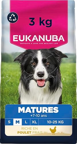 EUKANUBA Life Care Croquettes Chien Mature Moyenne Race 7 à 10 Ans, Riche en Poulet Frais, L-carnitine, Calcium, Glucosamine, Oméga 3&6, Prébiotiques, sans colorants, arômes artificiels ni OGM - 3 kg