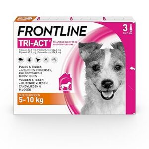FRONTLINE Tri-Act Chien - Anti Puces, Tiques, Moustiques, Phlébotomes & Mouches - Traitement Radical En 6h - Pour Petit Chien De 5 à 10 kg - Fabriqué En France - 3 Pipettes Application Spot On