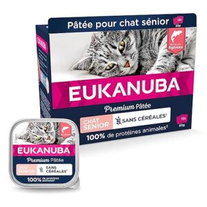 EUKANUBA Grain Free pour Chat Senior - Pâtée Premium SANS CEREALES – Sans gluten – Faible teneur en graisses - Riche en Saumon et enrichie en Taurine – 12 barquettes aluminium de 85 g