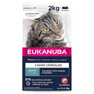 EUKANUBA Grain Free Croquettes pour Chat Adulte - Riche en saumon - Enrichie en taurine, Sans OGM, colorants, arômes artificiels - 2 kg