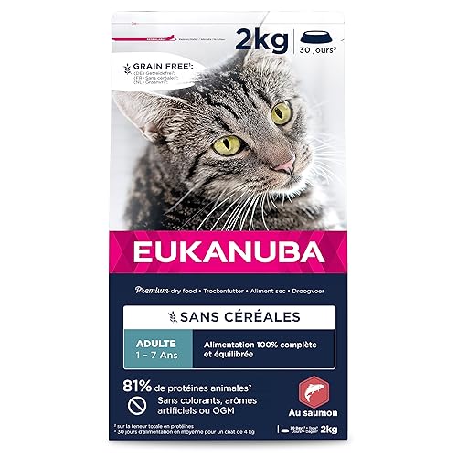 EUKANUBA Grain Free Croquettes pour Chat Adulte - Riche en saumon - Enrichie en taurine, Sans OGM, colorants, arômes artificiels - 2 kg