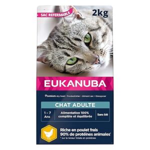 EUKANUBA - Croquettes Premium pour Chat Adulte - Alimentation 100% Complète et Equilibrée - Riche en Riz – Au Poulet Frais – Sans OGM, Sans Blé - Sac refermable – 2kg