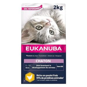 EUKANUBA - Croquettes Premium pour Chaton – Riche en Poulet Frais et en Riz – Favorise la croissance - Alimentation 100% Complète et Equilibrée – DHA – Sans Blé – Sans OGM - Sac refermable - 2kg