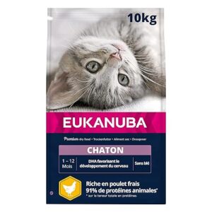 EUKANUBA - Croquettes Premium pour Chaton – Riche en Poulet Frais et en Riz – Favorise la croissance - Alimentation 100% Complète et Equilibrée – DHA – Sans Blé – Sans OGM - Sac refermable - 10kg