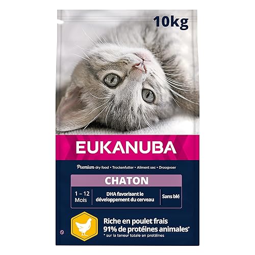 EUKANUBA - Croquettes Premium pour Chaton – Riche en Poulet Frais et en Riz – Favorise la croissance - Alimentation 100% Complète et Equilibrée – DHA – Sans Blé – Sans OGM - Sac refermable - 10kg