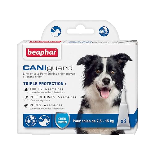 Beaphar – CANIGUARD - Line-on à la Perméthrine pour Chien Moyen et Grand Chien (7,5 kg – 15 kg) – Action curative et préventive Contre Les tiques, Les phlébotomes et Les puces - 3 pipettes de 4 ML