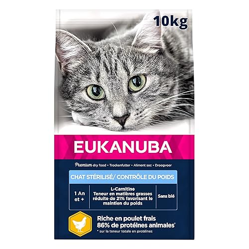 EUKANUBA - Croquettes Premium Chat Stérilisé ou en Surpoids – Adulte, Senior – Alimentation Complète et Equilibrée - Riche en Riz - Au Poulet Frais – Sans OGM, Sans Blé - Sac refermable – 10kg