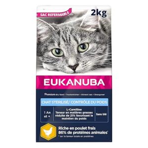 EUKANUBA - Croquettes Premium Chat Stérilisé ou en Surpoids – Adulte, Senior – Alimentation Complète et Equilibrée - Riche en Riz - Au Poulet Frais – Sans OGM, Sans Blé - Sac refermable – 2kg