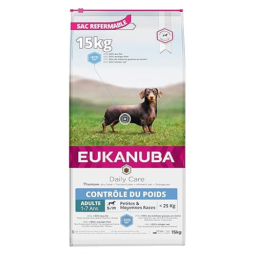 EUKANUBA Daily Care - Croquettes Premium Contrôle du Poids - Chiens Adultes de Petites et Moyennes Races en Surpoids - Faibles en matières grasses - Complète et Equilibrée - Au Poulet Frais - 15 kg