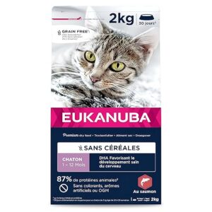 EUKANUBA Grain Free Croquettes pour Chaton - Riche en saumon - Apport en DHA, Sans OGM, colorants, arômes artificiels - 2 kg