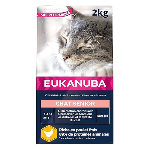 EUKANUBA – Croquettes Premium pour Chat Senior - Alimentation 100% Complète et Equilibrée - Riche en Riz – Au Poulet Frais – L-carnitine – Sans OGM, Sans Blé - Sac refermable – 2kg