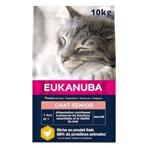 EUKANUBA – Croquettes Premium pour Chat Senior - Alimentation 100% Complète et Equilibrée - Riche en Riz – Au Poulet Frais – L-carnitine – Sans OGM, Sans Blé - Sac refermable – 10kg