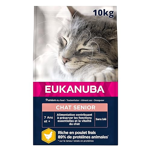 EUKANUBA – Croquettes Premium pour Chat Senior - Alimentation 100% Complète et Equilibrée - Riche en Riz – Au Poulet Frais – L-carnitine – Sans OGM, Sans Blé - Sac refermable – 10kg