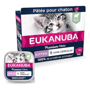 EUKANUBA Grain Free pour Chaton - Pâtée Premium SANS CEREALES – Sans gluten – Faible teneur en graisses - Riche en Agneau et enrichie en Taurine – 12 barquettes aluminium de 85 g