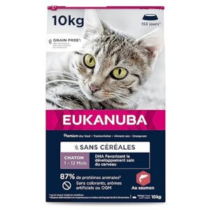 EUKANUBA Grain Free Croquettes pour Chaton - Riche en saumon - Apport en DHA, Sans OGM, colorants, arômes artificiels - 10 kg