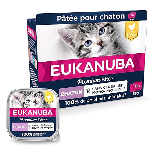 EUKANUBA Grain Free pour Chaton- Pâtée Premium SANS CEREALES – Sans gluten – Faible teneur en graisses - Riche en Poulet et enrichie en Taurine – 12 barquettes aluminium de 85 g