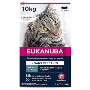 EUKANUBA Grain Free Croquettes pour Chat Adulte - Riche en saumon - Enrichie en taurine, Sans OGM, colorants, arômes artificiels - 10 kg