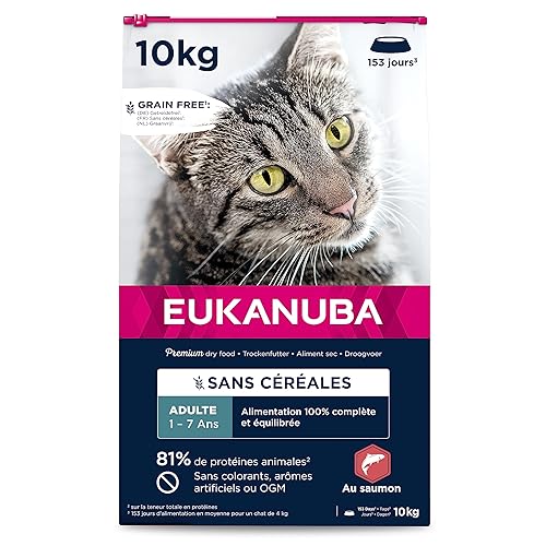 EUKANUBA Grain Free Croquettes pour Chat Adulte - Riche en saumon - Enrichie en taurine, Sans OGM, colorants, arômes artificiels - 10 kg