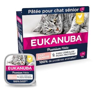 EUKANUBA Grain Free pour Chat Senior - Pâtée Premium SANS CEREALES – Sans gluten – Faible teneur en graisses - Riche en Poulet et enrichie en Taurine – 12 barquettes aluminium de 85 g