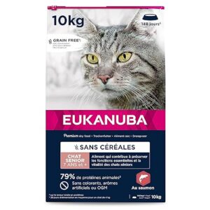 EUKANUBA Grain Free Croquettes pour Chat Senior - Riche en saumon - Apport en L-carnitine - Enrichie en taurine, Sans OGM, colorants, arômes artificiels - 10 kg